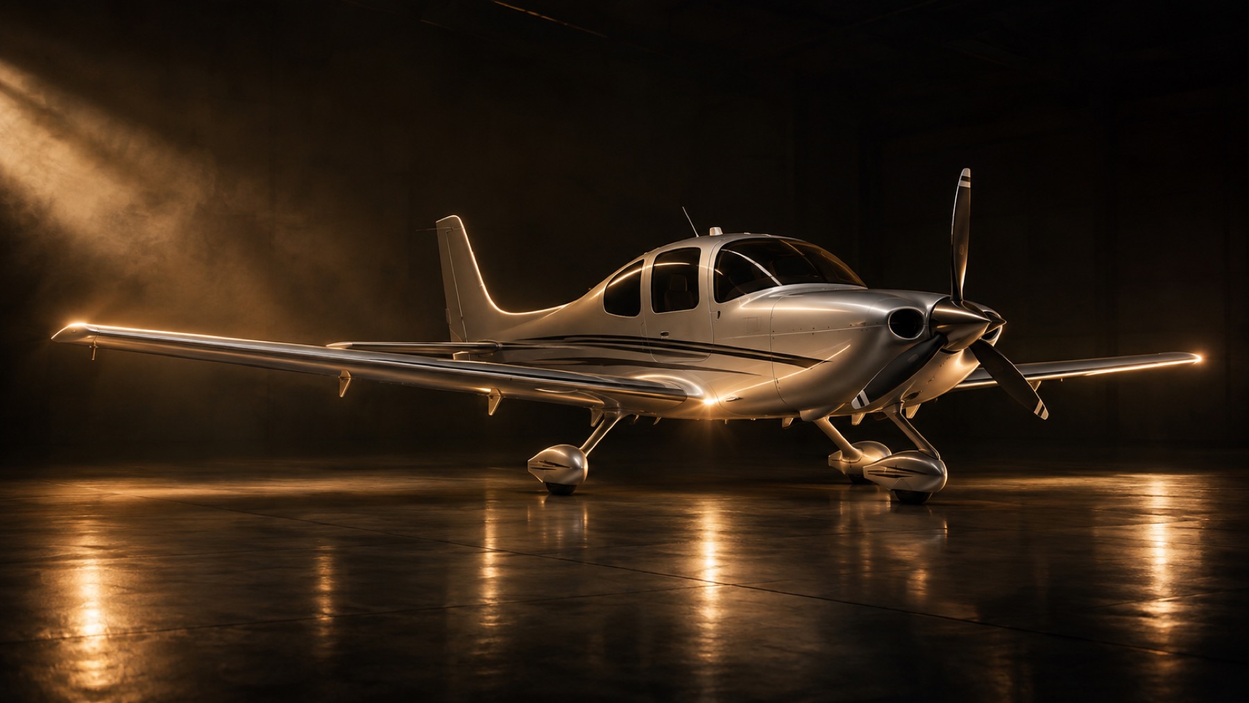 Aeronave leve em hangar com iluminação dourada