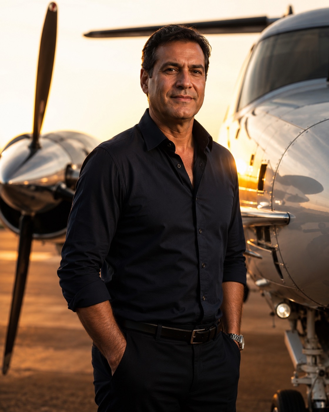 Empresário ao lado de aeronave leve em pista ao entardecer